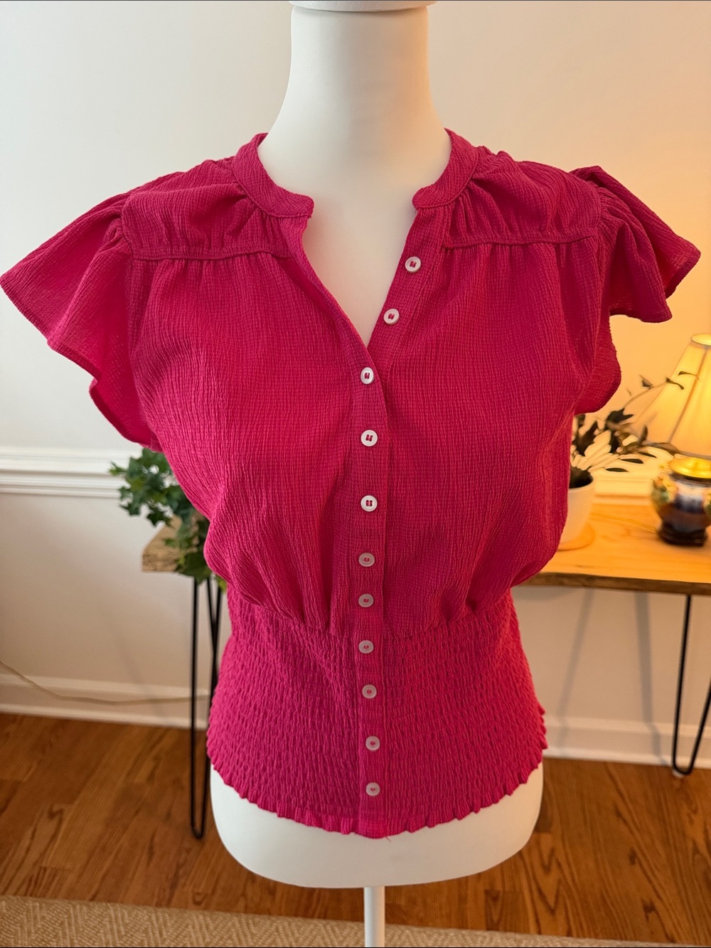 VGUC Maeve by Anthropologie Bright Pink Button-Front Women’s Smocked Waist Top.
